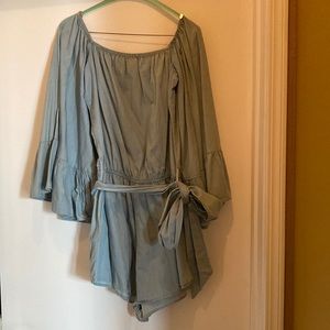 Blue puff sleeve romper with belt